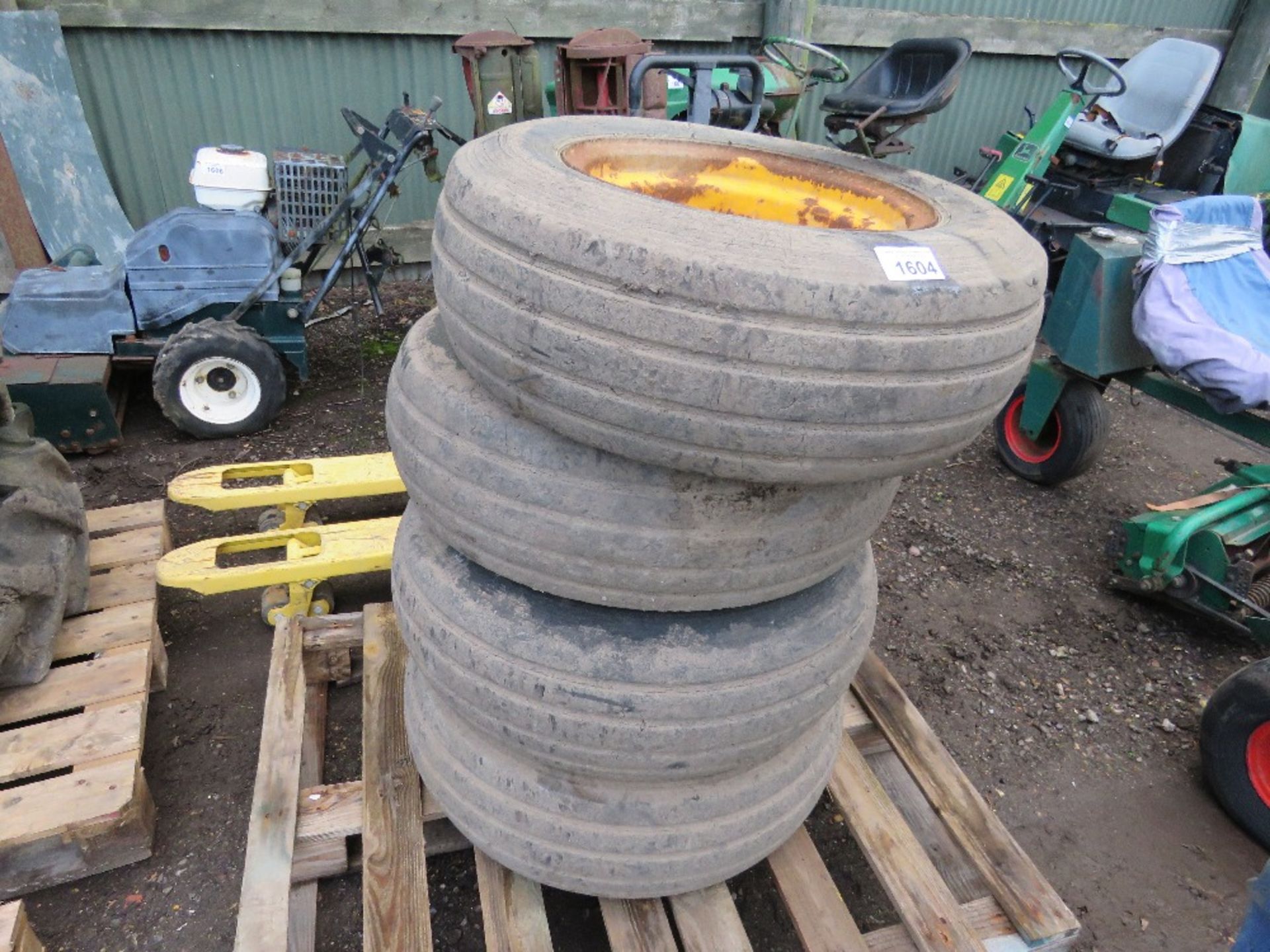 4 X AGRICULTURAL TRAILER WHEELS AND TYRES: 10-16. THIS LOT IS SOLD UNDER THE AUCTIONEERS MARGIN SCH