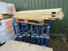 8 X STILLAGE RACK FRAMES WITH 4 X BOARDS TO FORM STACKABLE SHELVING UNIT.SOURCED FROM COMPANY CLOSUR