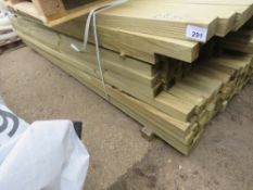 LARGE PACK OF TREATED TIMBER POSTS, 2.4-2.6M LENGTH, 70MM X 55MM APPROX.