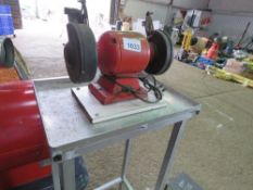 BENCH GRINDER ON STAND, 240VOLT, WORKING WHEN REMOVED FROM PREMISES RECENTLY.