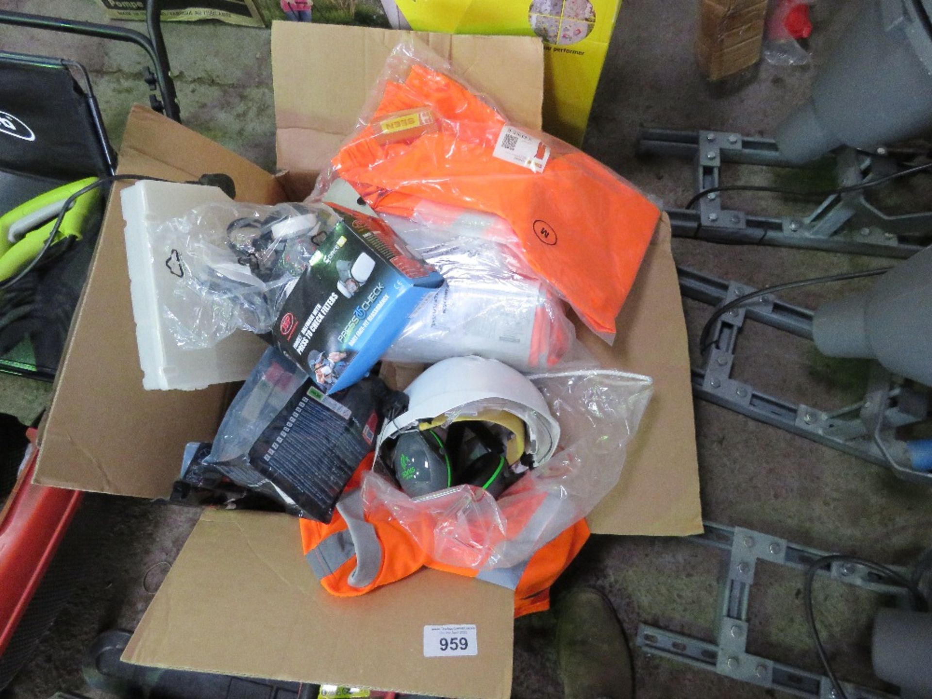 BOX OF ASSORTED SAFETY CLOTHING INCLUDING MASKS, HELMETS, EARMUFFS FOR HELMETS, TROUSERS, SHIRTS ETC