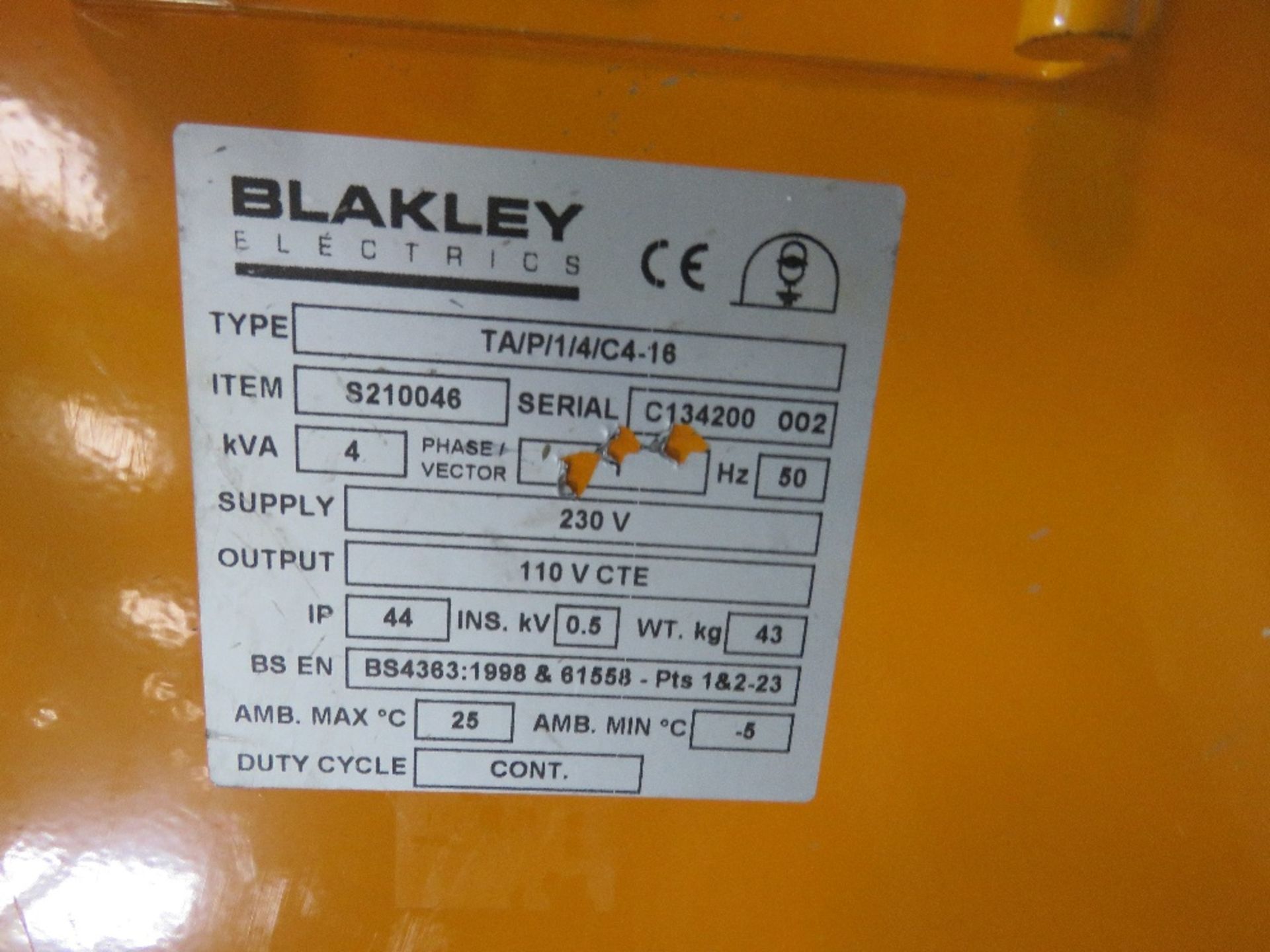 BLAKLEY 4KVA 230VOLT TO 110VOLT TRANSFORMER. - Image 2 of 2