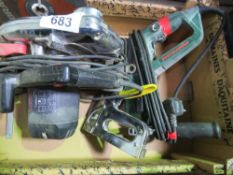 BOX CONTAINING CUTTING DISCS, CIRCULAR SAW, STAPLER AND A BOSCH DRILL. THIS LOT IS SOLD UNDER THE AU