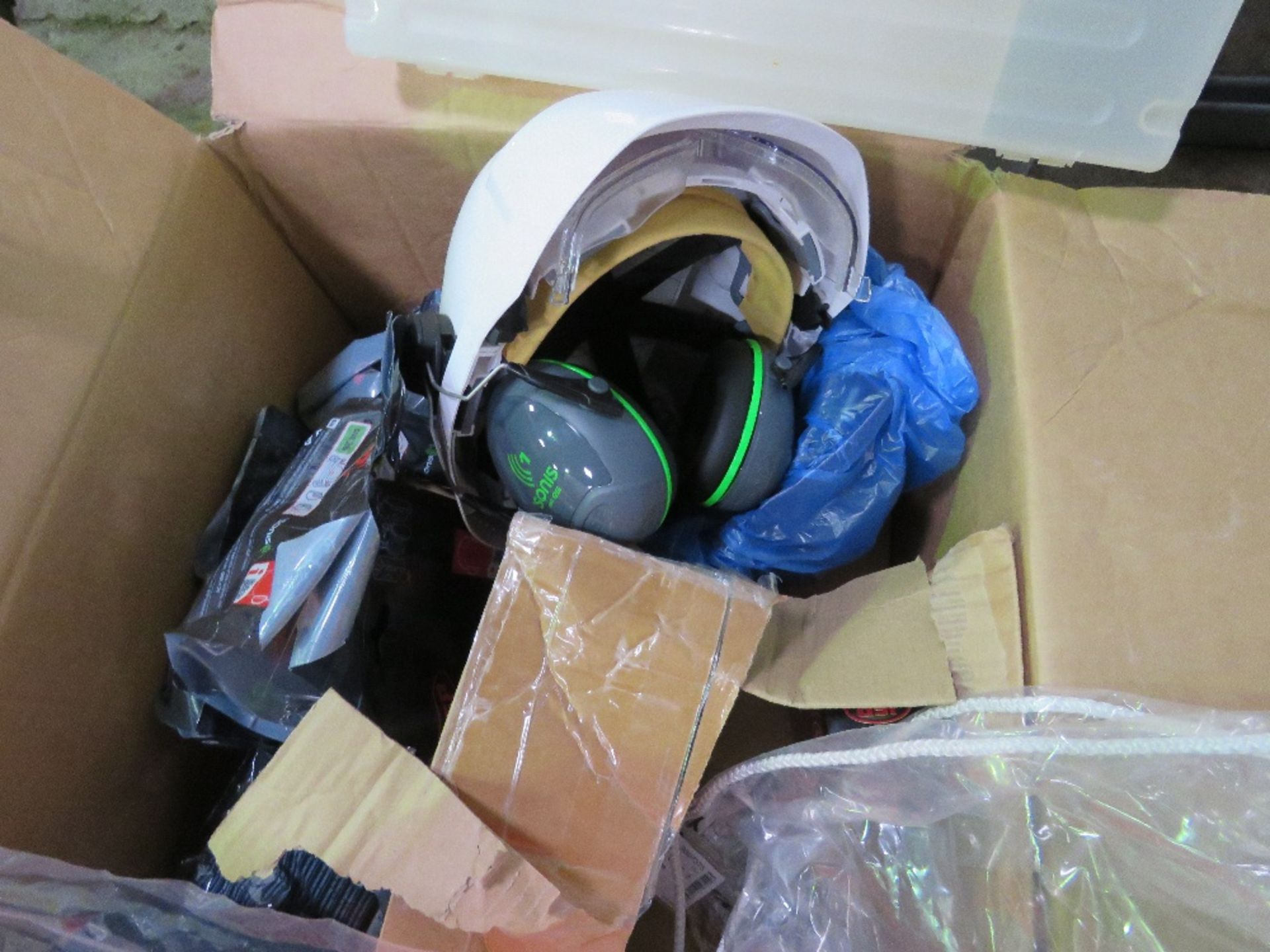 BOX OF ASSORTED SAFETY CLOTHING INCLUDING MASKS, HELMETS, EARMUFFS FOR HELMETS, TROUSERS, SHIRTS ETC - Image 3 of 4