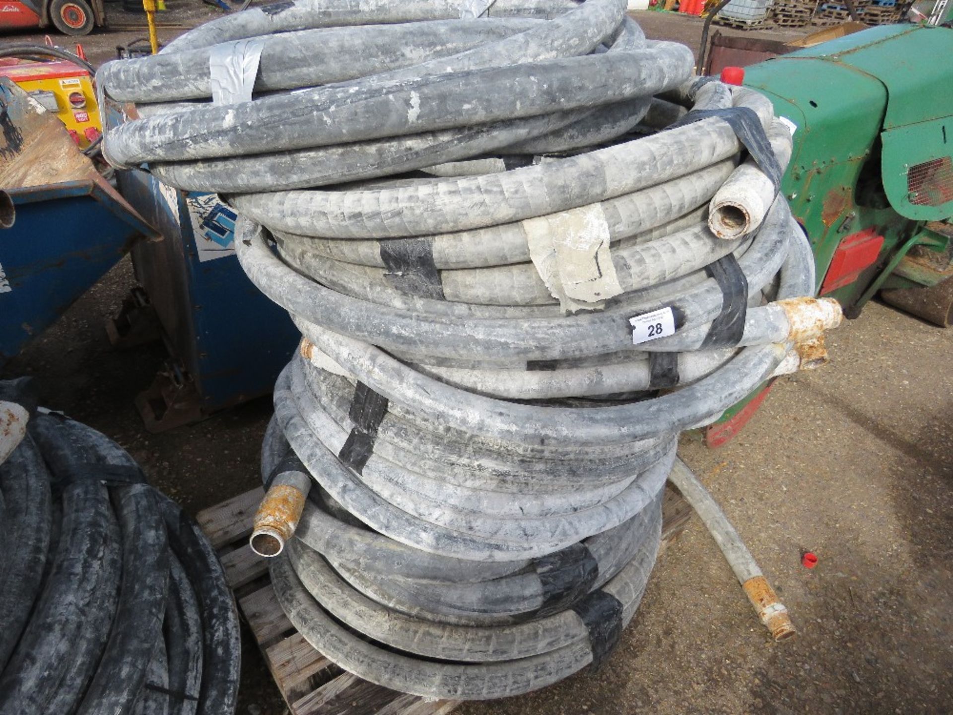 PALLET OF LARGE SIZED RUBBER SCREED PUMPING HOSES, MAINLY 60-70MM DIAMETER. SOURCED FROM DEPOT CLEAR