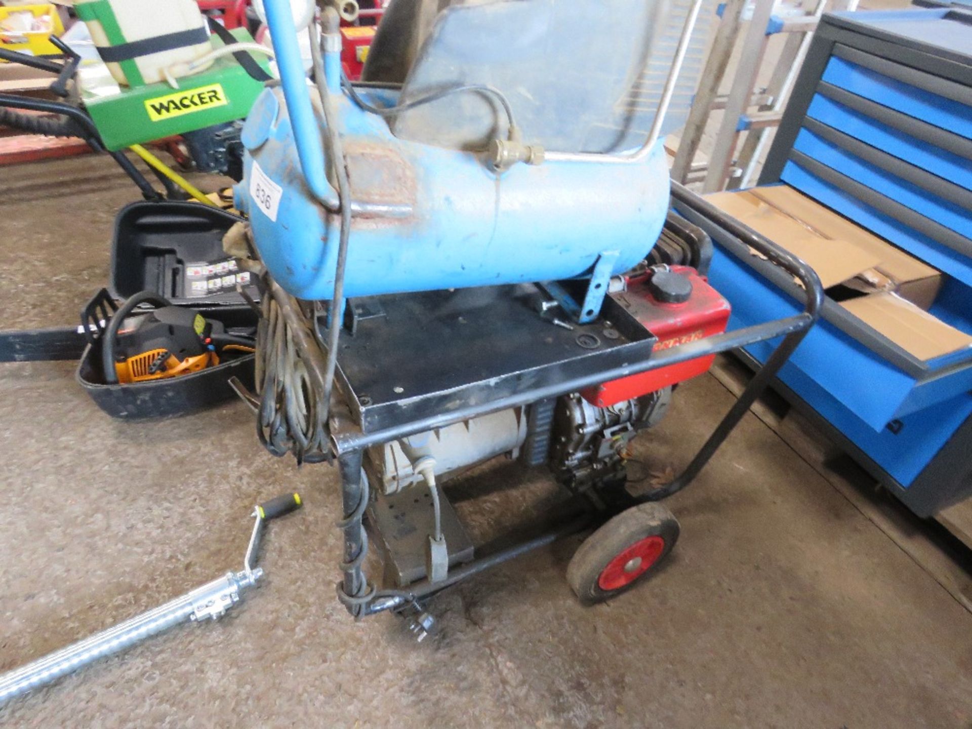 YANMAR DIESEL ENGINED WELDER GENERATOR WITH LEADS AND A SMALL COMPRESSOR FITTED.