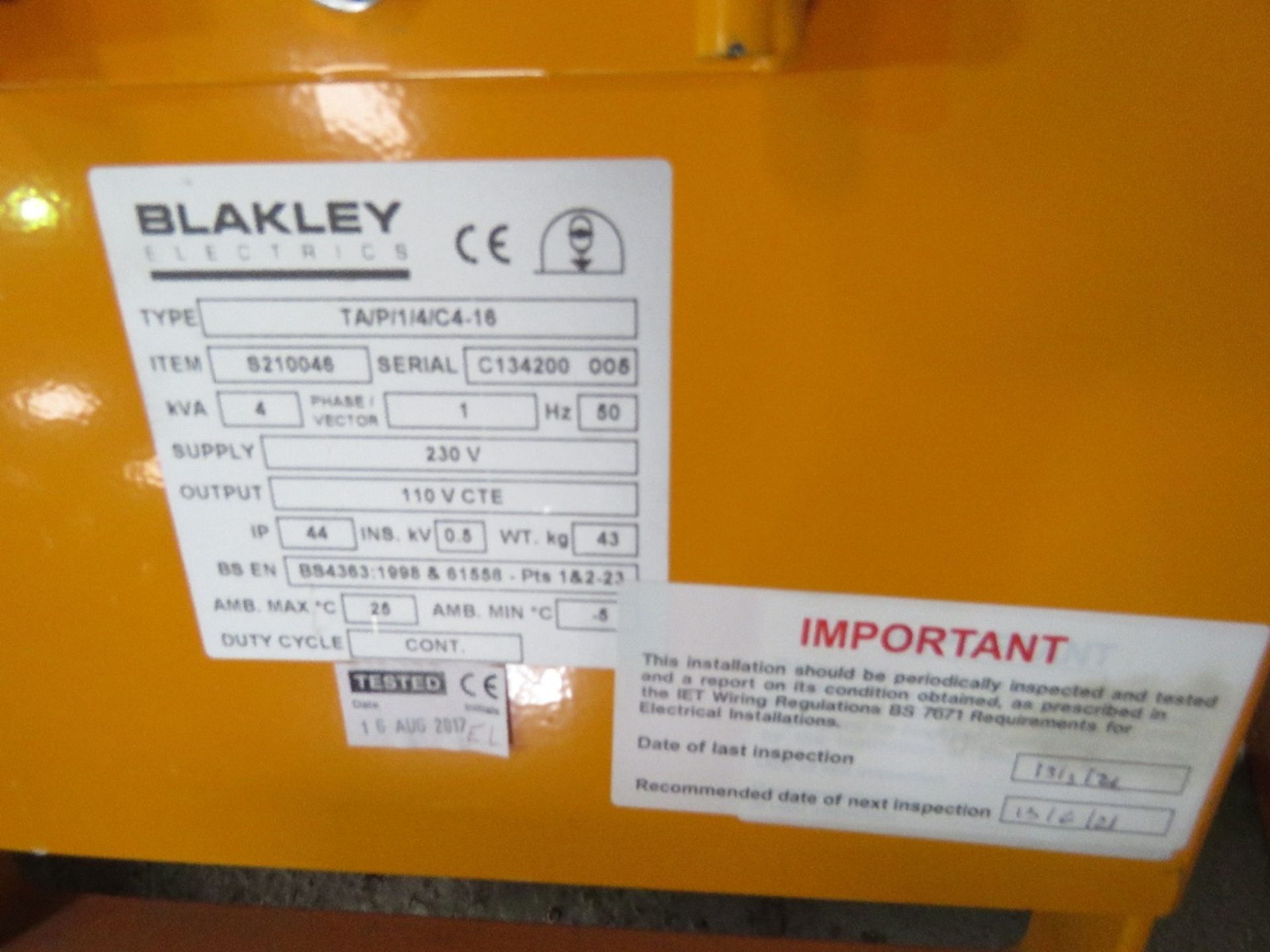 BLAKLEY 4KVA 230VOLT TO 110VOLT TRANSFORMER. - Image 2 of 2