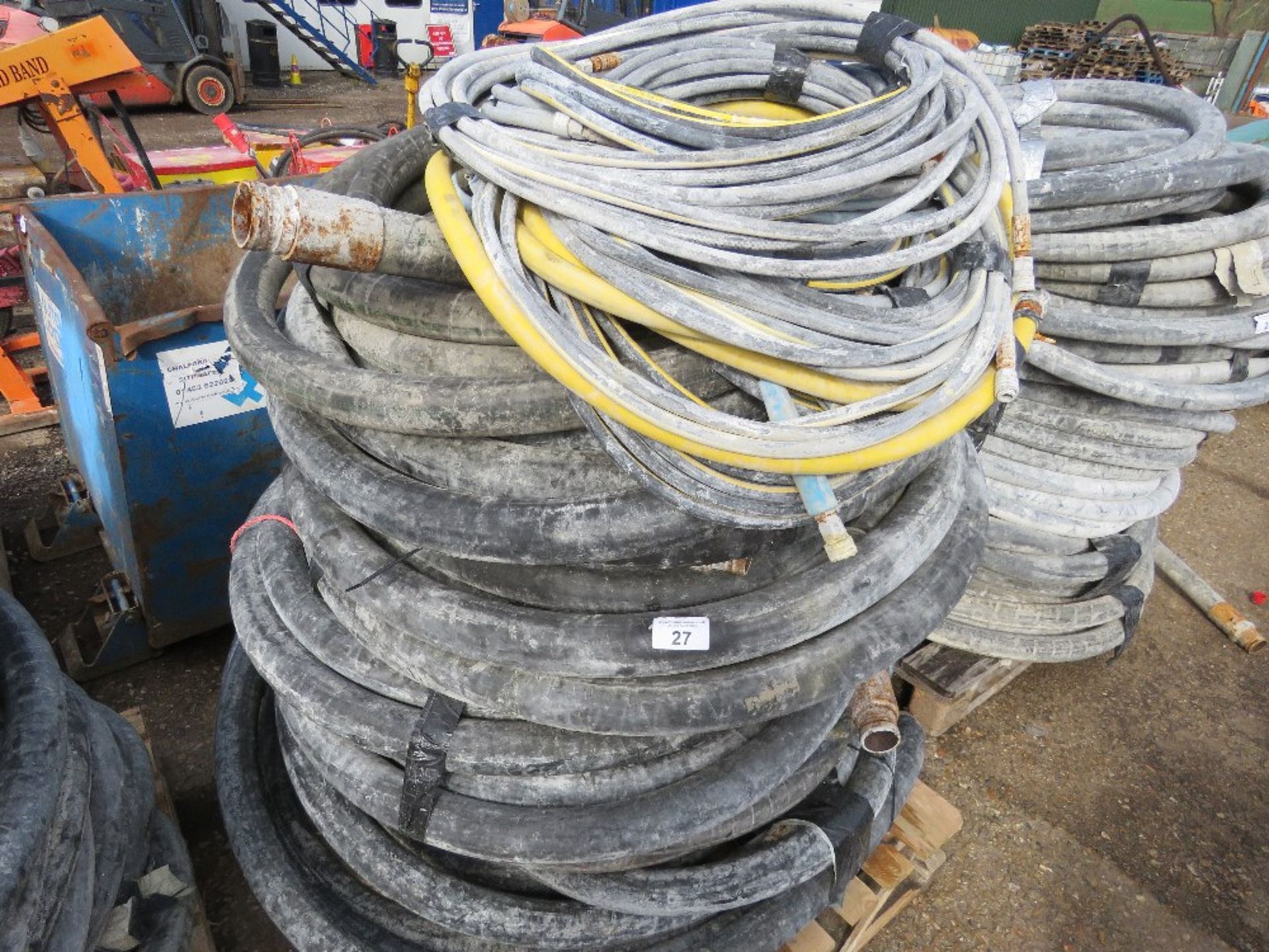 PALLET OF LARGE SIZED RUBBER SCREED PUMPING HOSES, MAINLY 60-70MM DIAMETER. SOURCED FROM DEPOT CLEAR