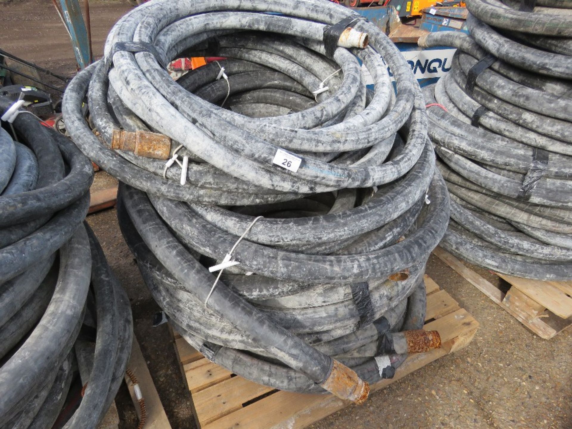 PALLET OF LARGE SIZED RUBBER SCREED PUMPING HOSES, MAINLY 60-70MM DIAMETER. SOURCED FROM DEPOT CLEAR