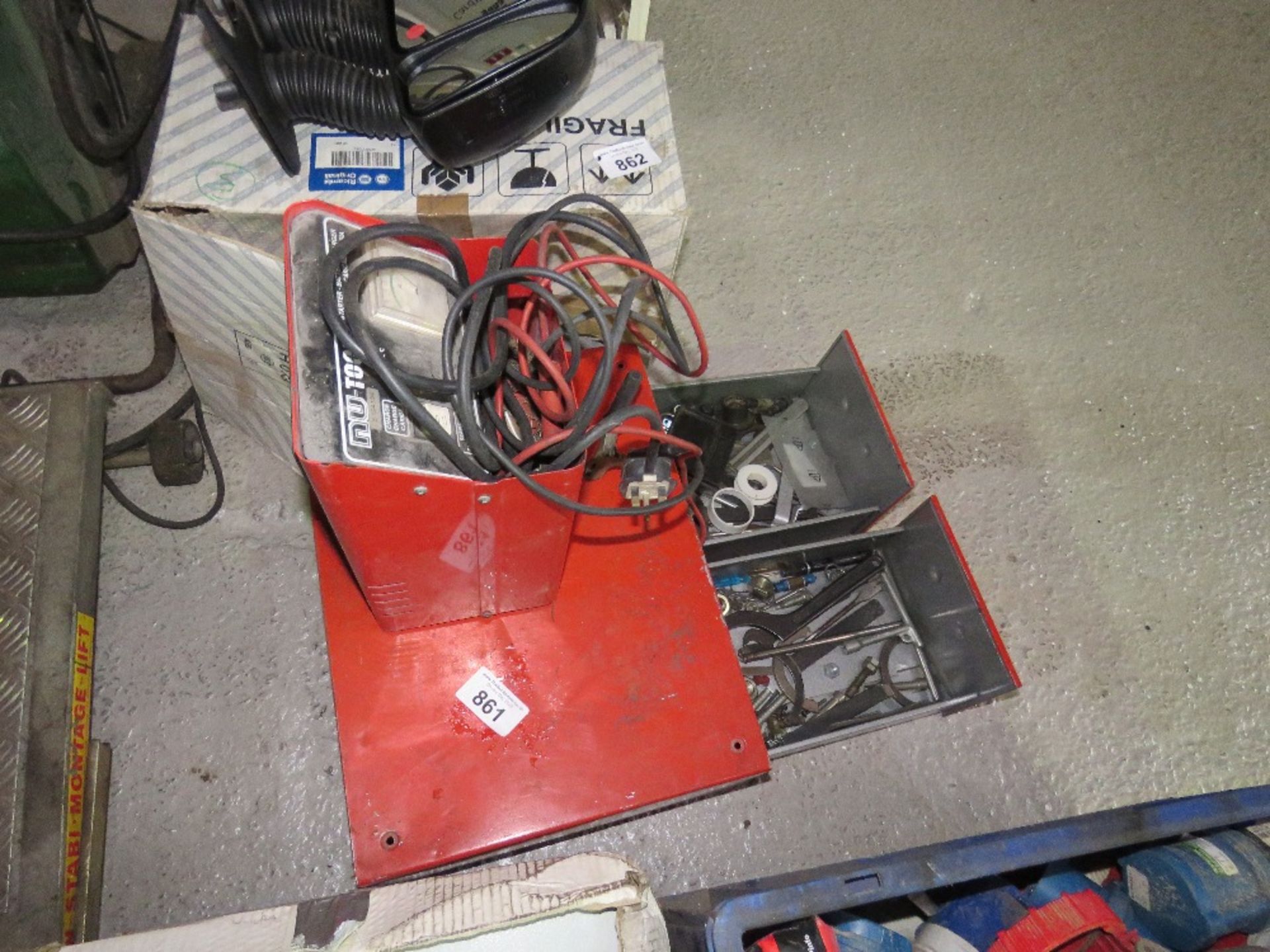 CHARGER UNIT PLUS A RED TOOL CHEST WITH CONTENTS. THIS LOT IS SOLD UNDER THE AUCTIONEERS MARGIN SCHE