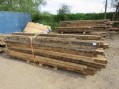 STACK OF HEAVY PRE USED MAINLY DENAILED TIMBERS, 7FT-11FT LENGTH APPROX, MAINLY 5" X 3" SIZE. THIS L
