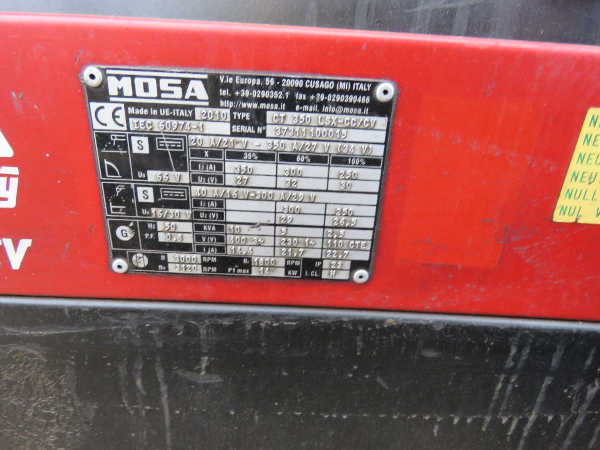 MOSA CT350LSX-CC/CV WELDER GENERATOR WITH CHOPPER TECHNOLOGY. WHEN TESTED WAS SEEN TO RUN AND SHOWED - Image 3 of 4