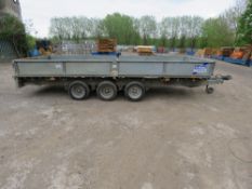 IFOR WILLIAMS LM16 TRIAXLE PLANT TRAILER WITH RAMPS AND SIDES (MIDDLE POSTS MISSING). DIRECT FROM LO