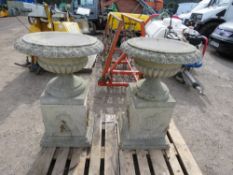 2 X ORNATE COUNTRY GARDEN STYLE URN PLANTERS WITH BASES.