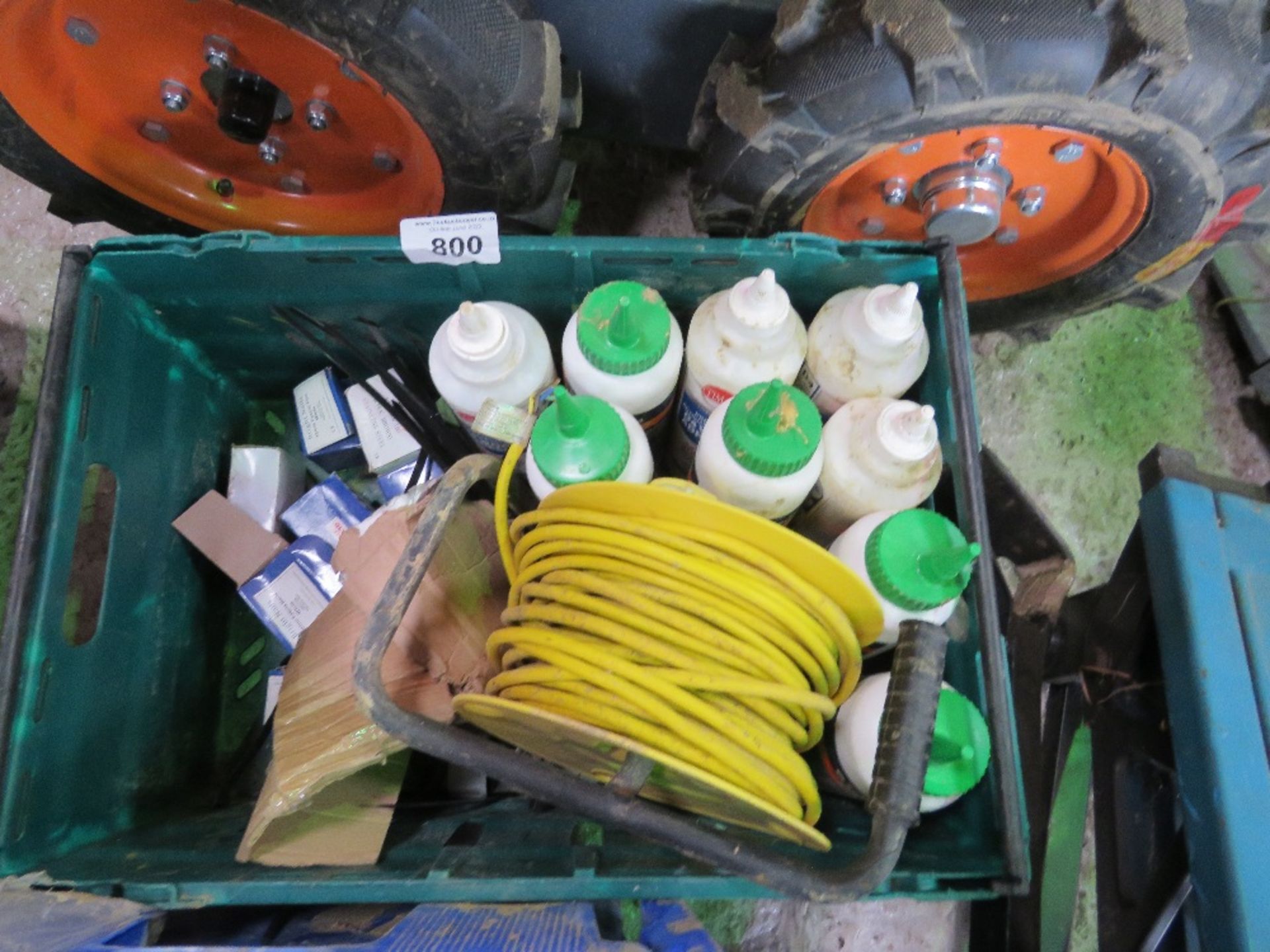 BOX CONTAINING GLUES, EXTENSION LEAD AND SUNDRIES.