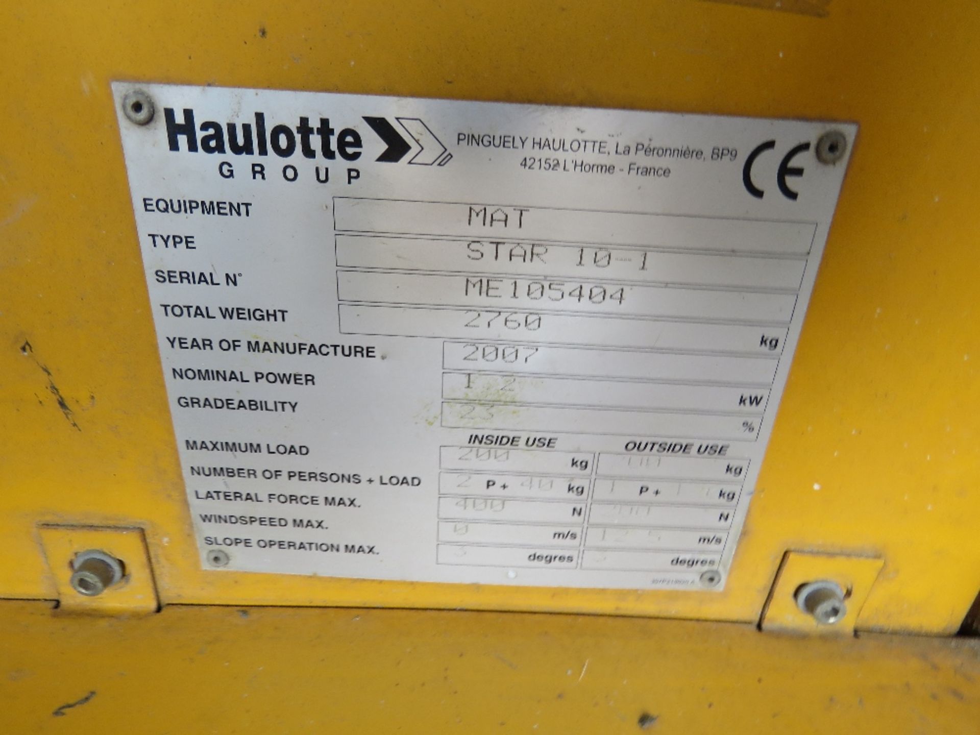 HAULOTTE MAT STAR 10-1 MAST LIFT UNIT, YEAR 2007. SN:ME105404. SHOWING 34 HOURS ON THE CLOCK??. WHEN - Image 5 of 9