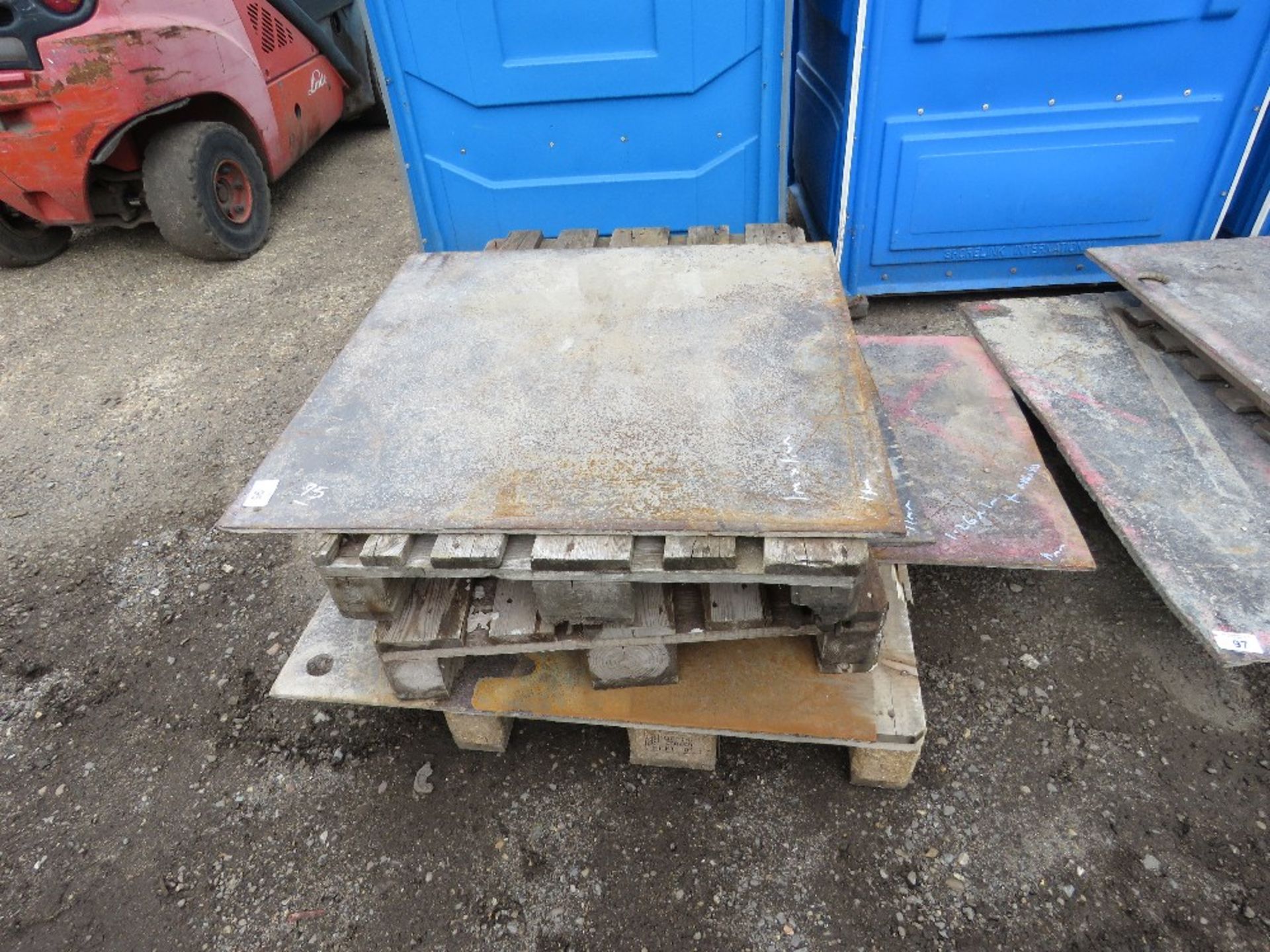 3 X SMALL SIZED STEEL ROAD PLATES, 11MM THICKNESS APPROX. 2@1MX1M PLUS ANOTHER C.26M X 1.66M MAX(PAR