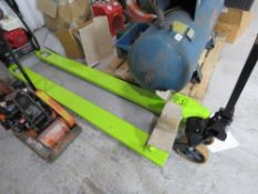 PALLET TRUCK WITH LONG FORKS, 7FT LENGTH TINES APPROX, LITTLE/UNUSED.