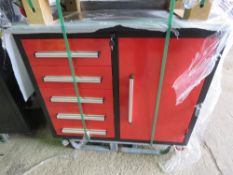 RED COLOURED WORKSHOP TOOL CABINET WITH WHEELS 1.12M WIDE X 0.65M DEPTH APPROX.