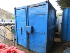 STEEL SITE STORE CONTAINER WITH FORK POCKETS. EXTERNAL SIZE: 2.03M DEPTH X 2.03M WIDTH X 2.4M HEIGHT