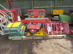 PALLET CONTAINING ASSORTED SIGNS, CONES, STOP GO BOARDS AND FIRE EXTINGUISHER STANDS.THIS LOT IS SOL