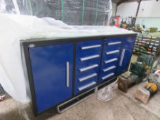 SUIHI BLUE COLOURED WORKSHOP TOOL CABINET WITH DRAWERS AND CUPBOARDS WITH KEYS. 2.2M LENGTH X 0.65M