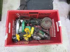 BOX OF ASSORTED POWER TOOLS.