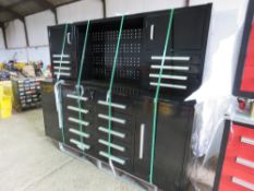 BLACK COLOURED 2 LAYER WORKSHOP TOOL CABINET WITH DRAWERS AND CUPBOARDS WITH KEYS. 2.2M LENGTH X 0.6