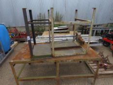 HEAVY DUTY WORKSHOP BENCH WITH EXTRA LARGE VICE, 6FT X 3FT APPROX PLUS A SMALLER TABLE. THIS LOT IS