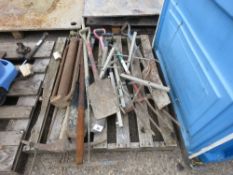 PALLET OF ASSORTED HAND TOOLS, SPADES ETC.