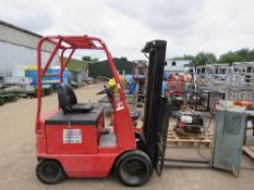 LANSING BATTERY FORKLIFT WITH CHARGER. WHEN TESTED WAS SEEN TO DRIVE AND LIFT.