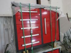 RED COLOURED WORKSHOP TOOL CABINET WITH WHEELS 1.12M WIDE X 0.65M DEPTH APPROX.