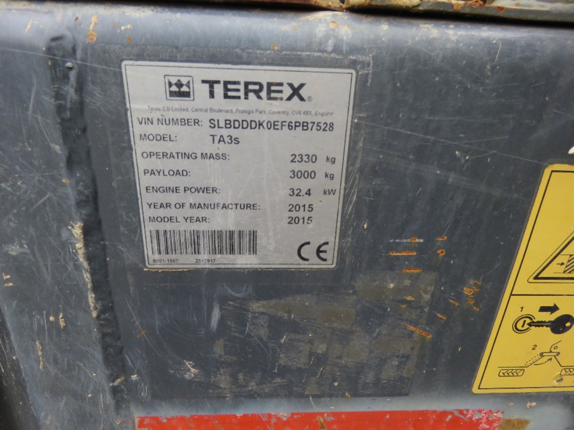 TEREX TA3 3 TONNE SWIVEL SKIP DUMPER, YEAR 2015 BUILD, 1190 REC HOURS. SN:SLBDDDKOEF6PB7528. WHEN TE - Image 5 of 11