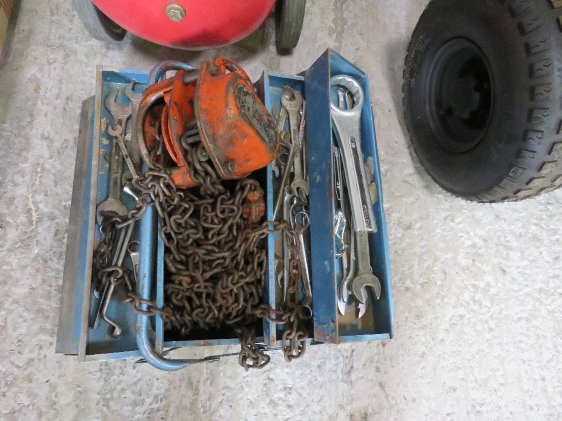 CHAIN HOIST PLUS SPANNERS IN A BOX. THIS LOT IS SOLD UNDER THE AUCTIONEERS MARGIN SCHEME, THEREFORE