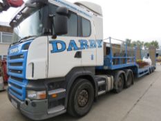 SCANIA R420 6X2 TRACTOR UNIT LORRY WITH TRIAXLED BEAVER TAILED PLANT TRAILER, REG:MX57MJU. 754,827 r