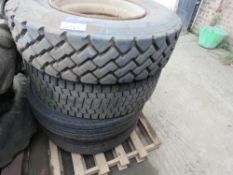 LORRY WHEEL AND TYRE PLUS 3 X TYRES, GOOD TREAD. LOT LOCATION: EMERALD HOUSE, SWINBORNE ROAD, SS13