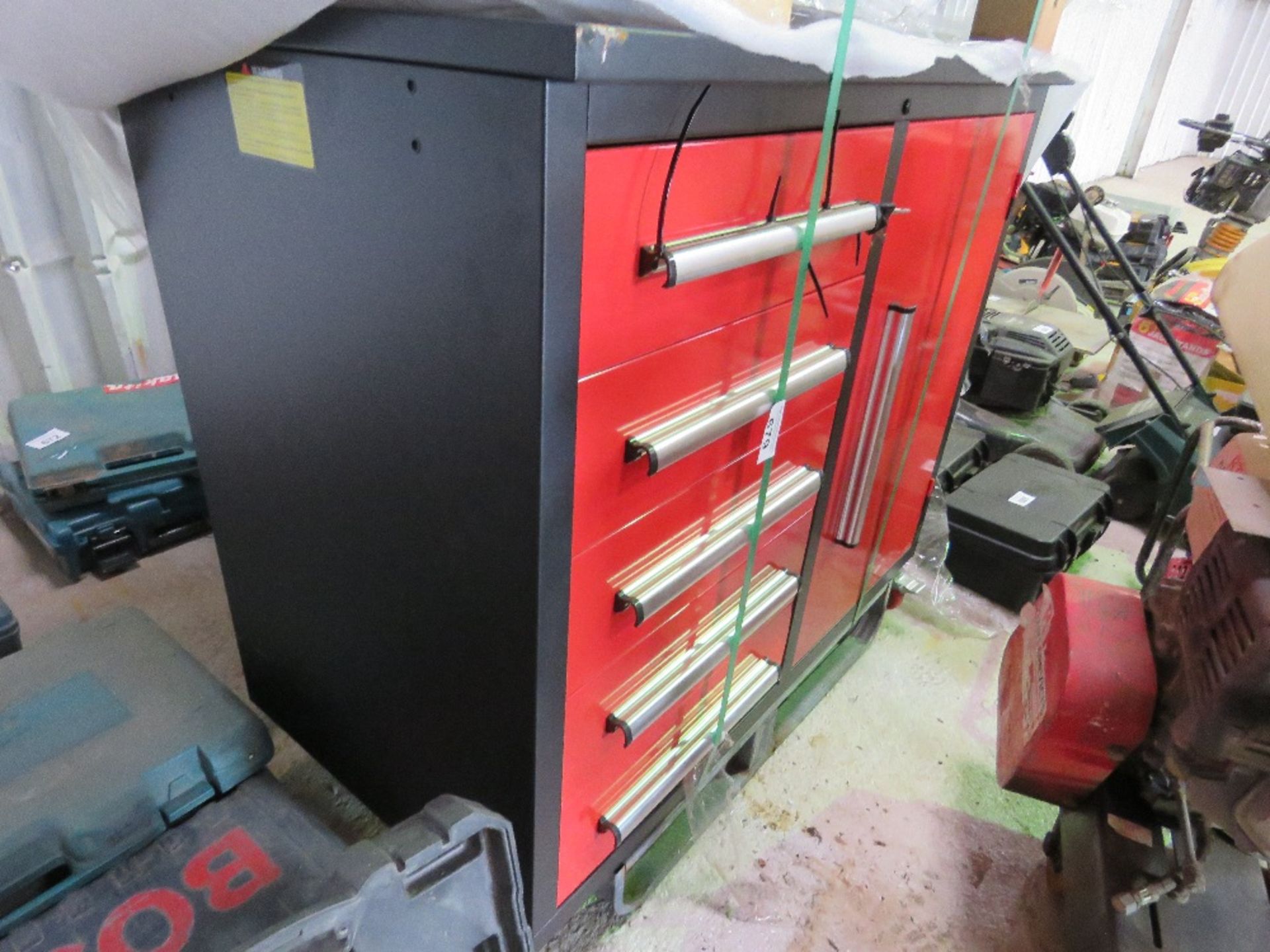 RED COLOURED WORKSHOP TOOL CABINET WITH WHEELS 1.12M WIDE X 0.65M DEPTH APPROX. - Image 2 of 3