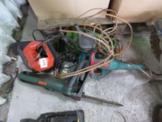 BATTERY CHARGER, 2 X ELECTRIC CHAINSAWS PLUS A HEDGECUTTER, ALL 240VOLT. THIS LOT IS SOLD UNDER THE