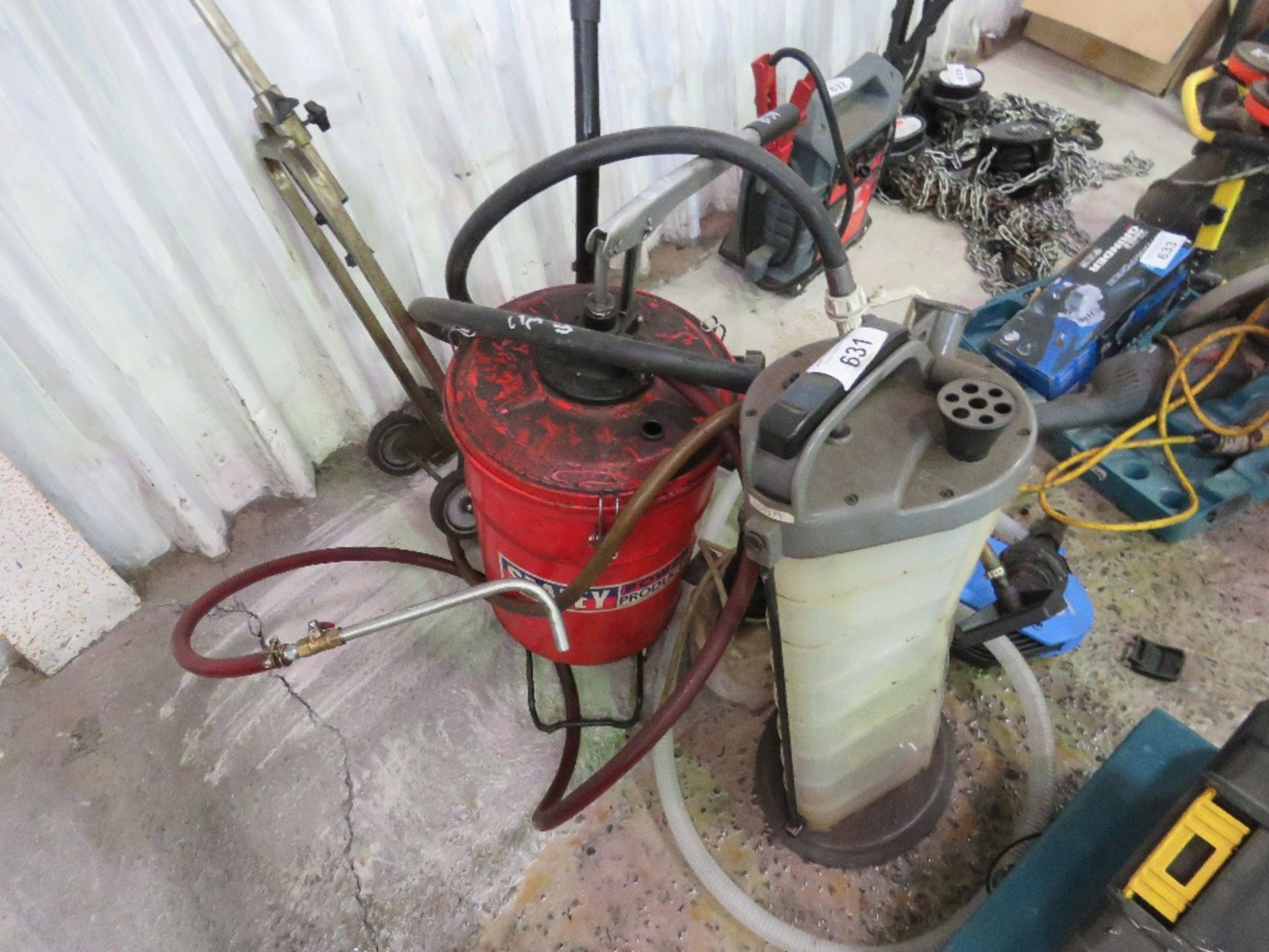 ASSORTED OIL DISPENSERS, BARROW AND PUMPS. - Image 2 of 3