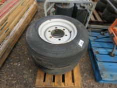 2 X IMPLEMENT WHEELS AND TYRES, LITTLE/UNUSED. 1.00/75-15.3 SIZE.