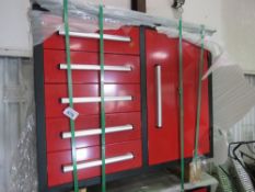 RED COLOURED WORKSHOP TOOL CABINET WITH WHEELS 1.12M WIDE X 0.65M DEPTH APPROX.
