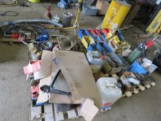 ASSORTED MACHINERY SUNDRIES, OILS, BOLTS ETC AS SHOWN. (MIDDLE OF FLOOR IN TIN SHED). LOT LOCATION