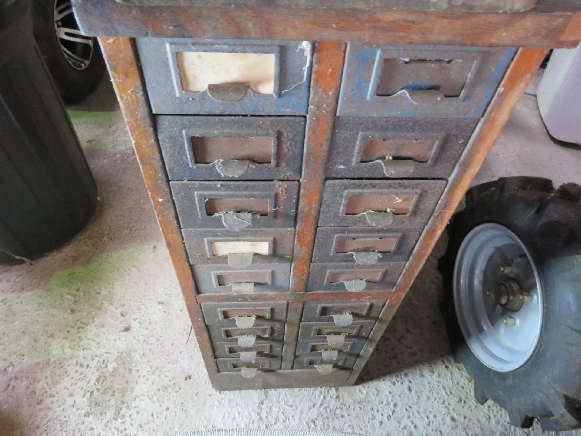 2 X OLD WOODEN CABINETS WITH CONTENTS OF SCREWS, FIXINGS ETC. THIS LOT IS SOLD UNDER THE AUCTIONE