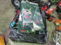 PALLET OF ASSORTED ELECTRIC POWERED GARDEN TOOLS, BOXED, MAINS AND BATTERY.
