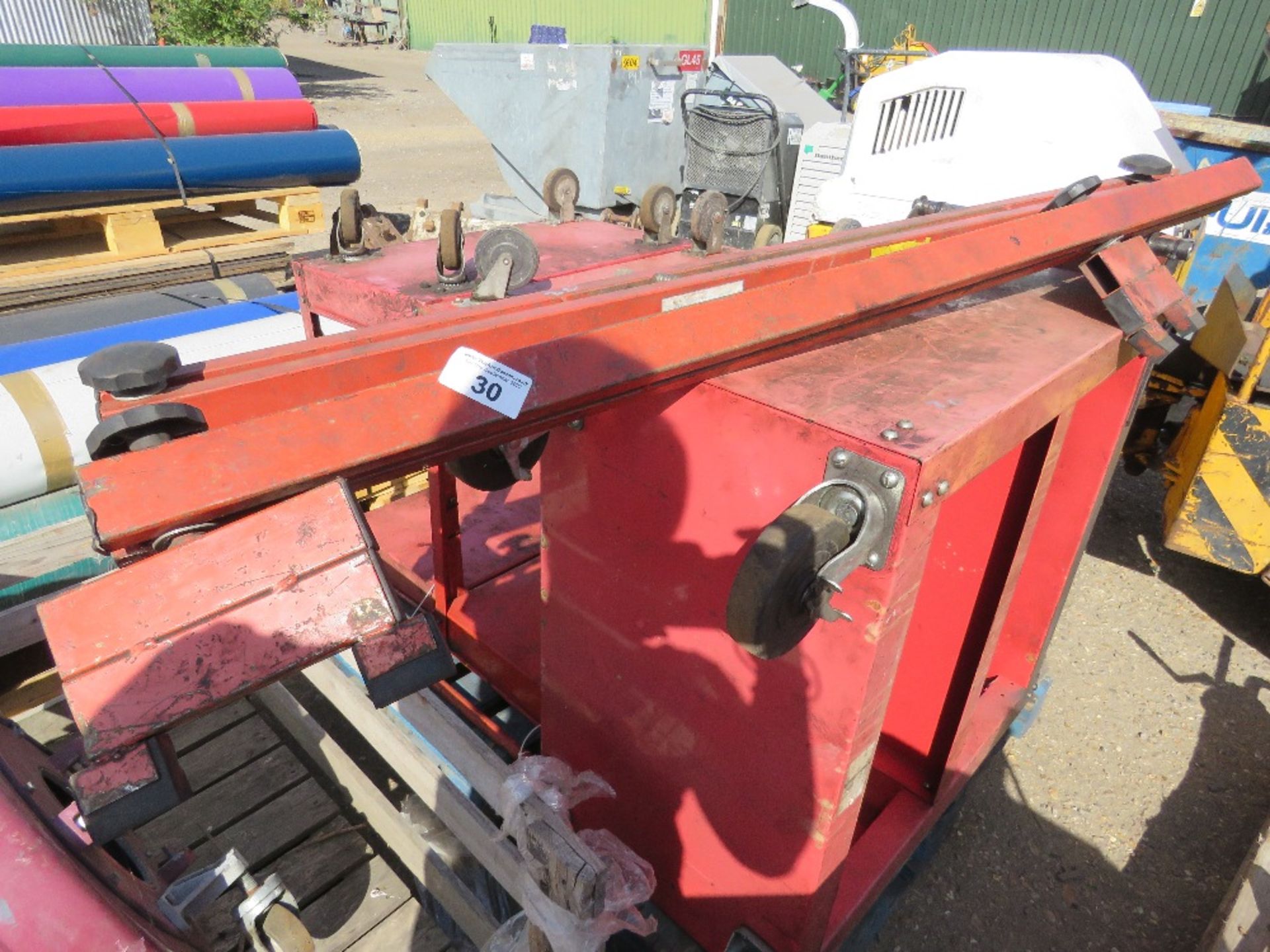 3 X WORKSHOP TROLLEYS PLUS 2 X ENGINE SUPPORT FRAMES. SOURCED FROM COMPANY LIQUIDATION. THIS LOT IS