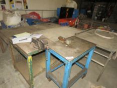 4 X ASSORTED WORK BENCHES INCLUDING 2NO VICES. LOT LOCATION: EMERALD HOUSE, SWINBORNE ROAD, SS13 1E