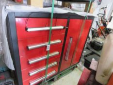 RED COLOURED WORKSHOP TOOL CABINET WITH WHEELS 1.12M WIDE X 0.65M DEPTH APPROX.