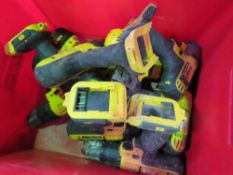 BOX OF ASSORTED DEWALT BATTERY TOOL BODIES.