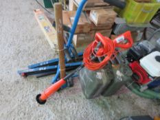2 X GERRY CANS, FLYMO CULTIVATOR, 2 X STANDS, PLUS BLOCK PAVING TOOLS. THIS LOT IS SOLD UNDER THE