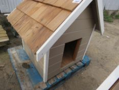 DOG KENNEL, UNUSED, CREAM/BROWN WITH SHINGLE CLAD ROOF. 75CM X 75CM APPROX. THIS LOT IS SOLD UNDE